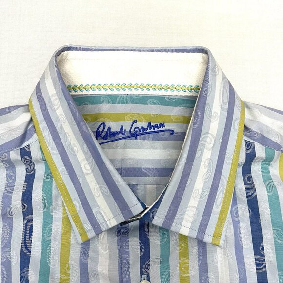 Robert Graham Men’s Large 42 16 1/2 Blue Striped Flip Cuff Shirt - Picture 5 of 5